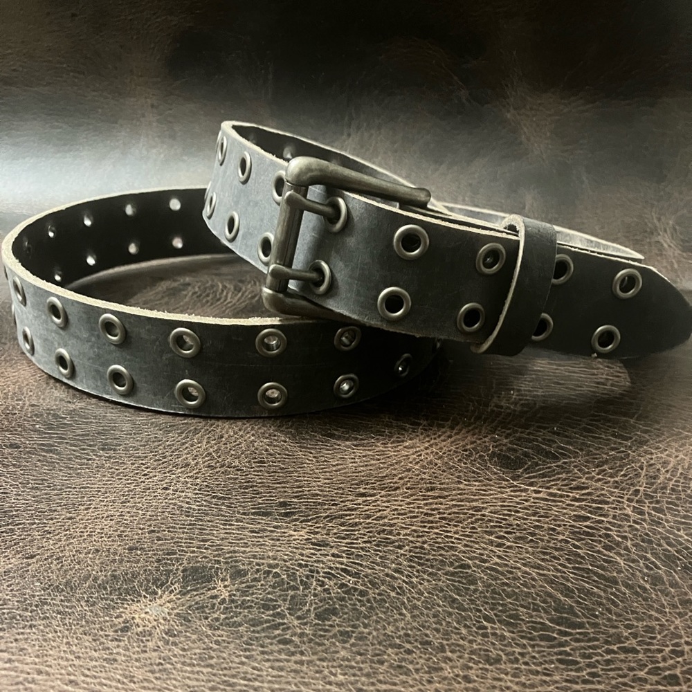 Gray Leather Double Hole Belt with Grommets/Eyelets - Picture 3 of 4